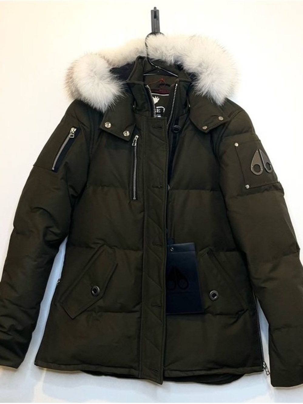 Moose Knuckles Olive Green Down Puffer with White Fur Trim Hood